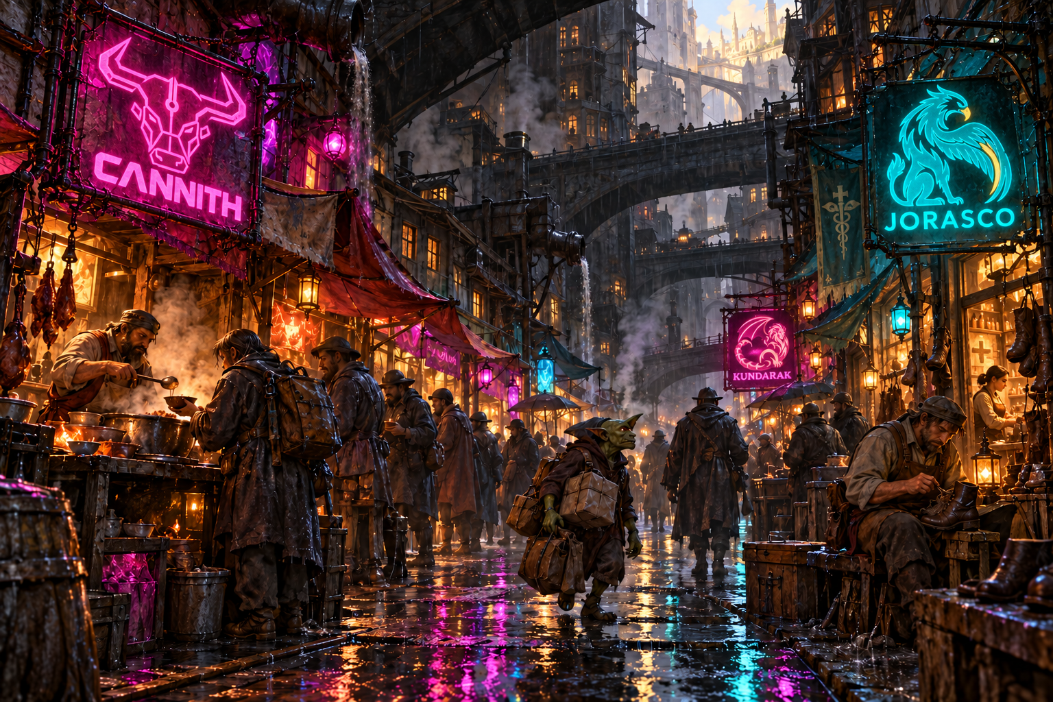 Pink and teal House crests illuminate rain, patched awnings, and a crowded Lower Dura market beneath the bridges.