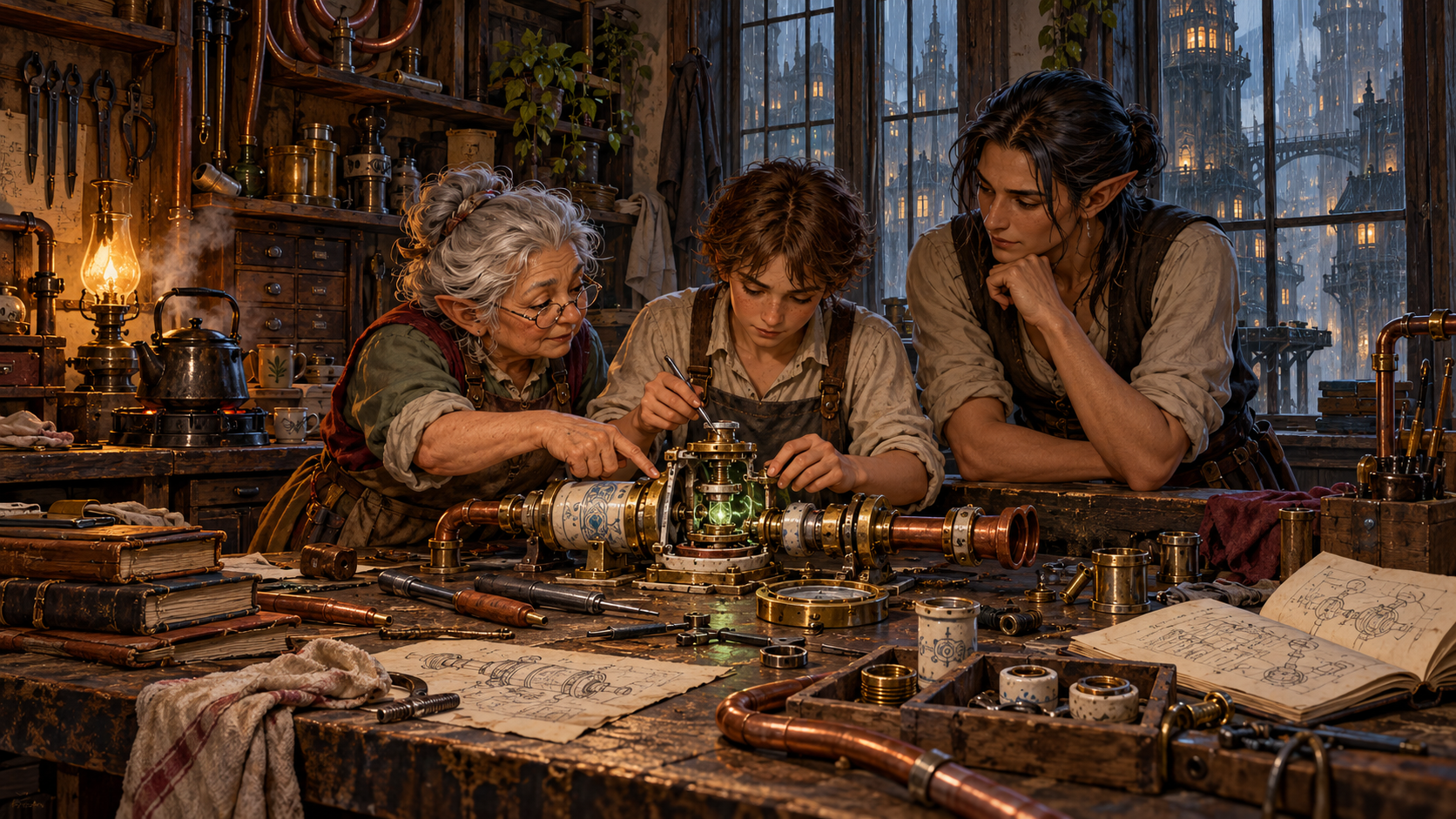 A repair lesson in a Sharn workshop: the learner works the mechanism while an experienced craftswoman explains its parts.