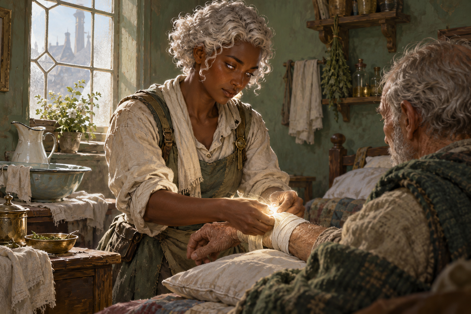An aasimar healer tends a neighbor in a modest sickroom.
