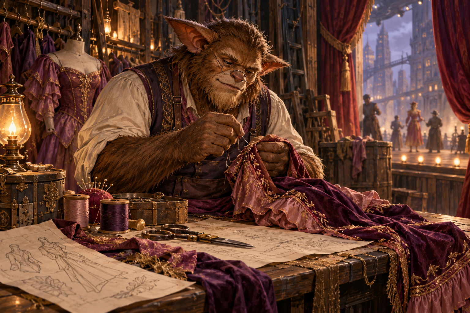 A bugbear costume maker works backstage at a Sharn theater.