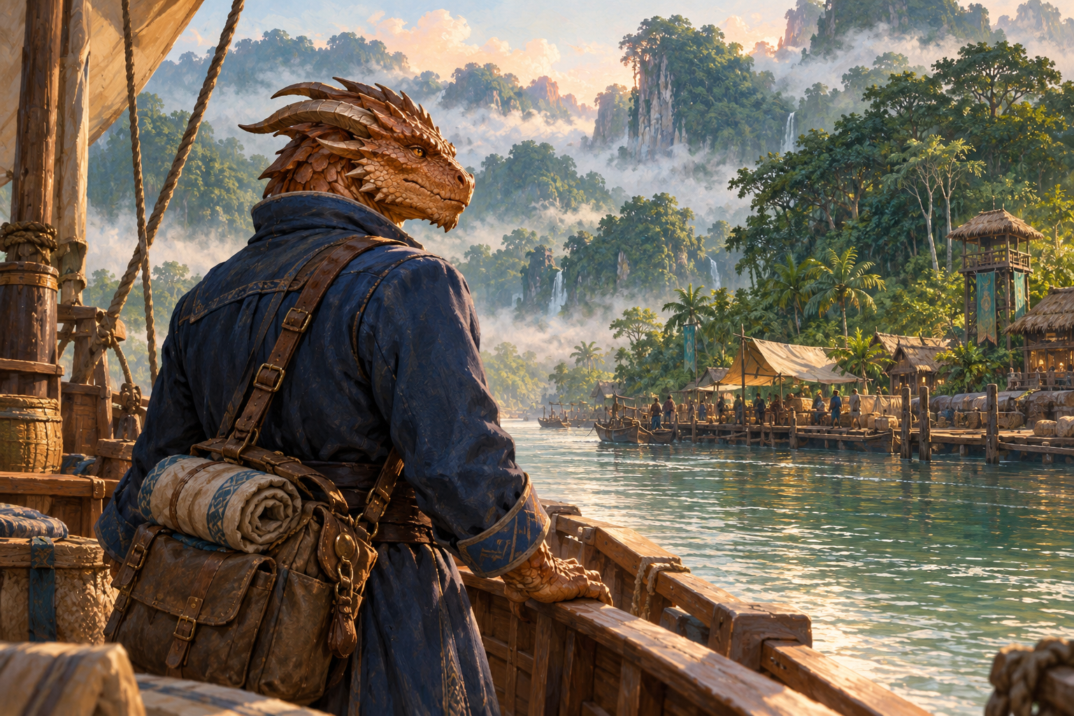 A dragonborn traveler approaches a riverside community in Q’barra.