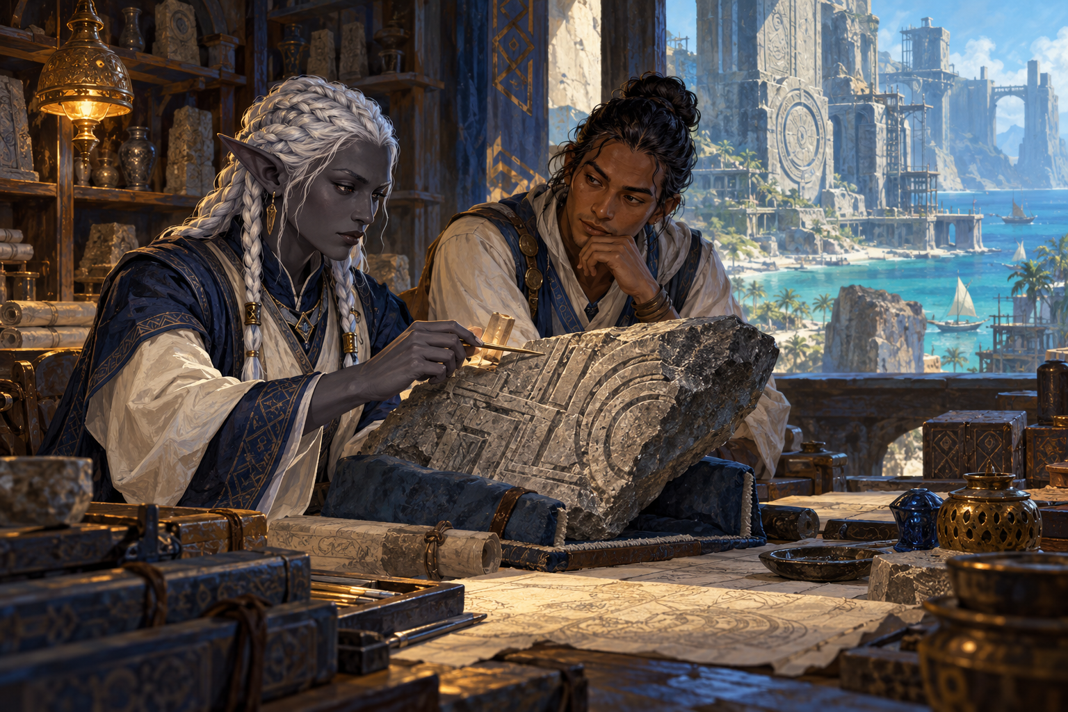 A drow scholar and a colleague examine a fragment of Xen’drik’s ancient stonework.