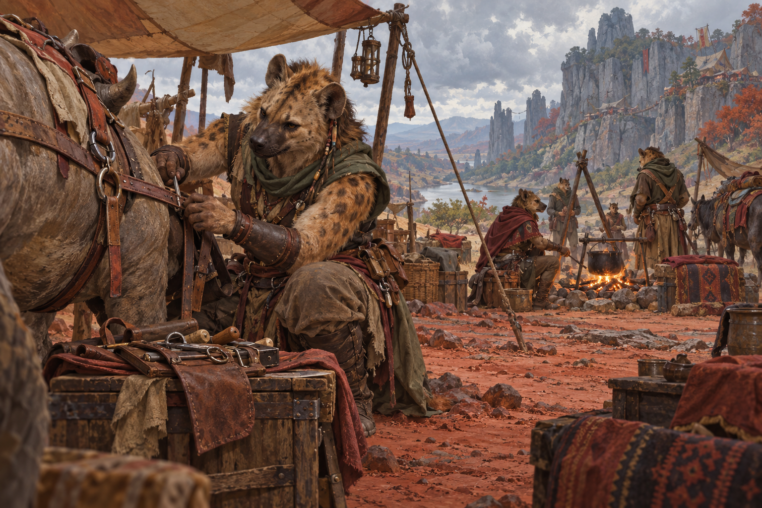 A gnoll leatherworker repairs a harness at a roadside camp in Droaam.