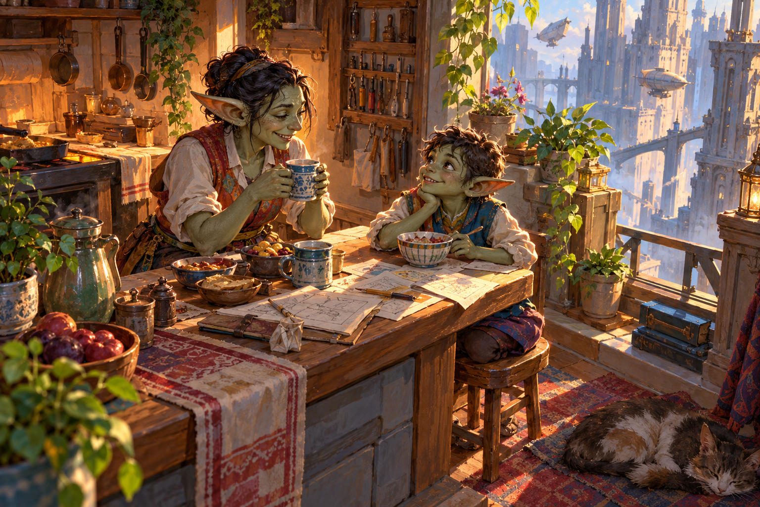 A goblin parent and child share breakfast at a table adapted to their household.