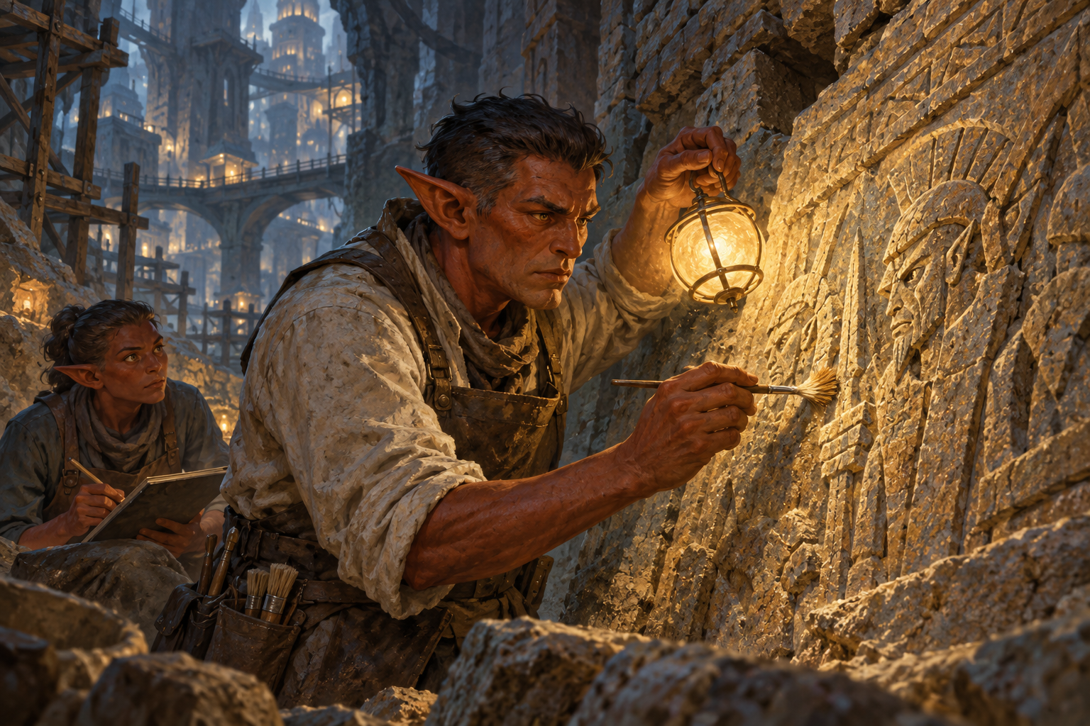 A hobgoblin conservator examines older stonework beneath the modern city.