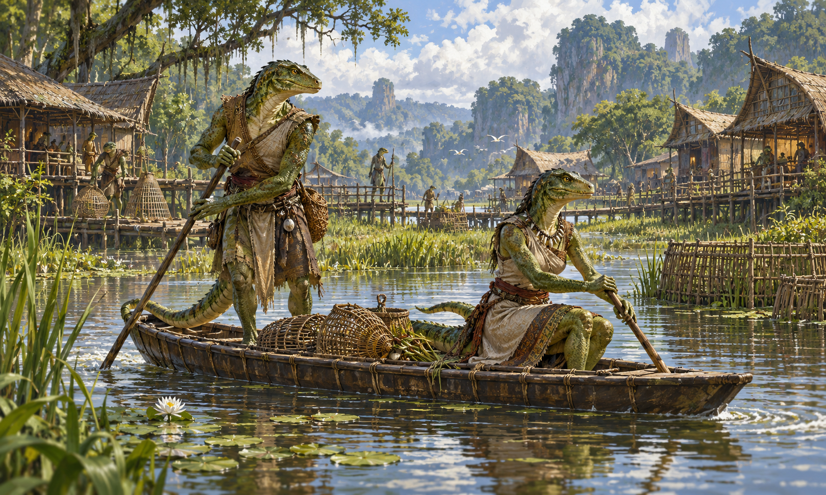 Lizardfolk guide a skiff through an inhabited wetland in Q’barra.