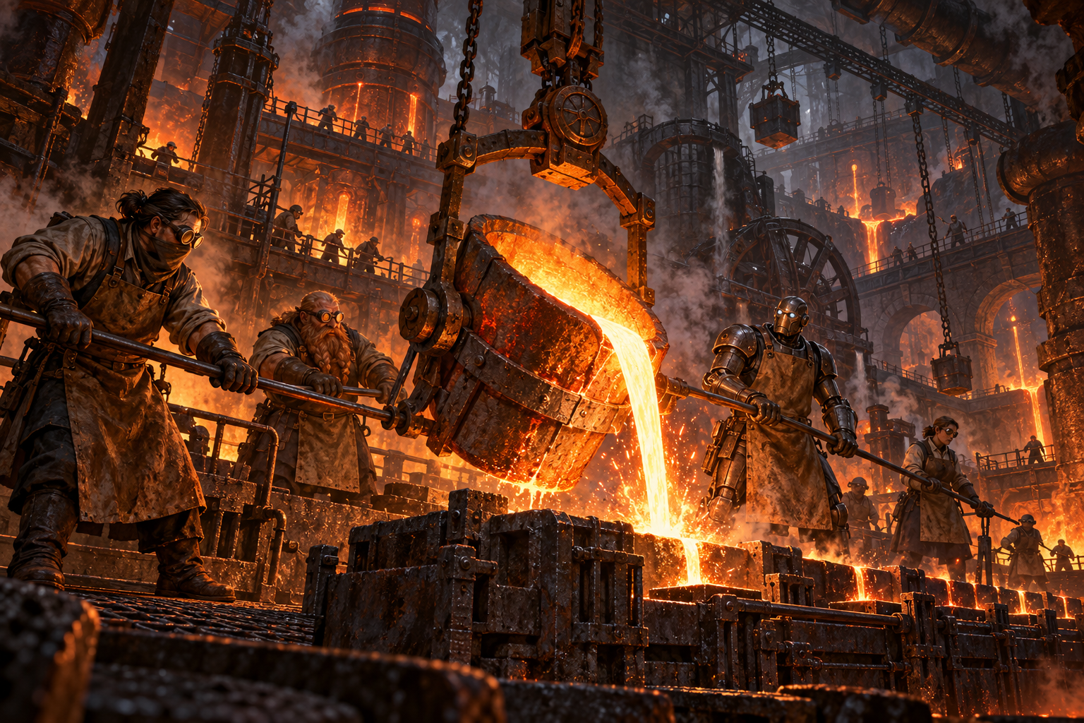 A foundry crew guides a casting through the heat and soot of the Cogs.