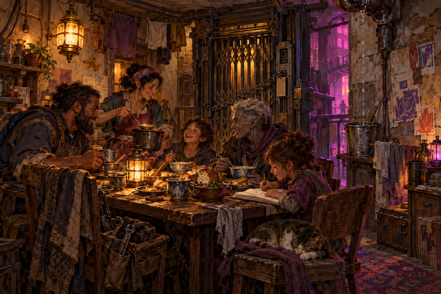 Neighbors share supper beside a stopped lift on a worn lower-ward landing.