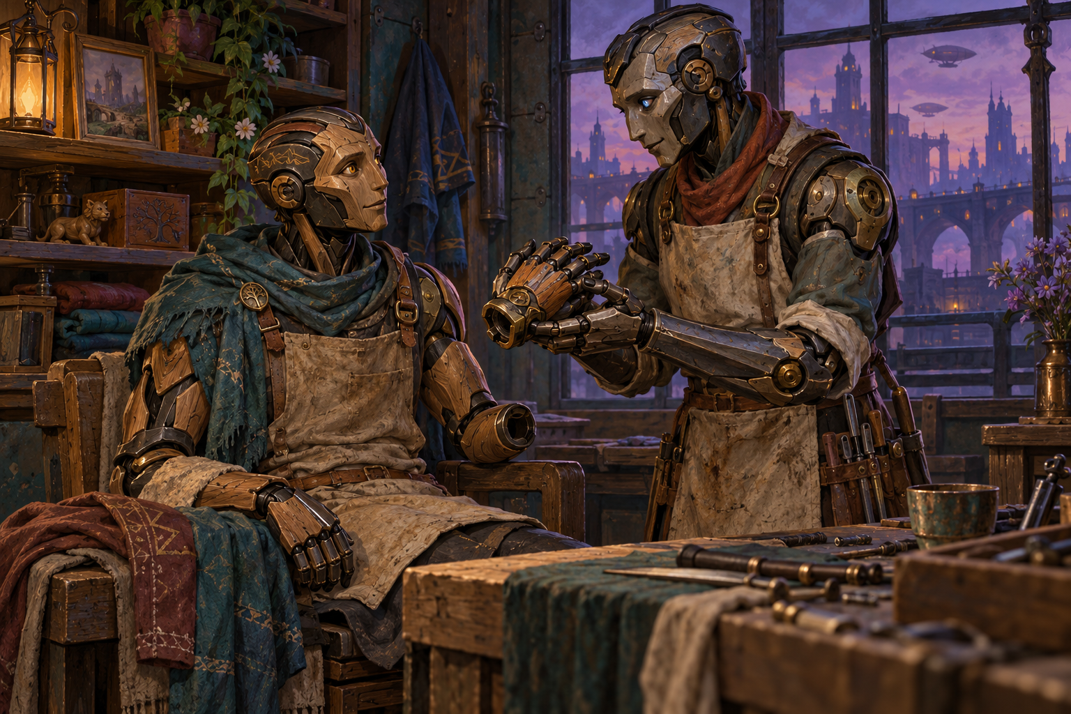 A warforged repairer offers a replacement hand for its owner to examine.