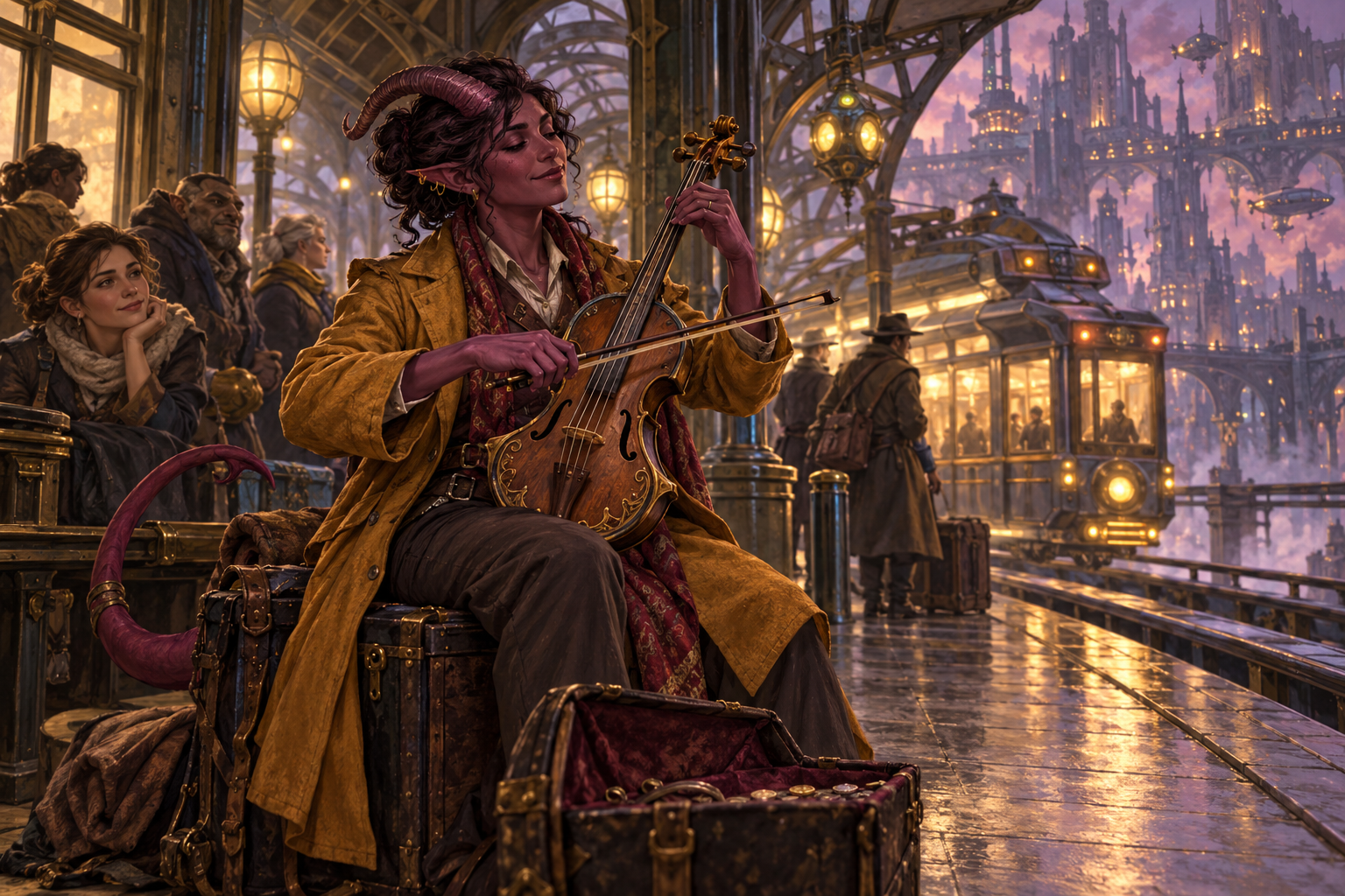 A tiefling musician plays for passengers at a covered Sharn station.