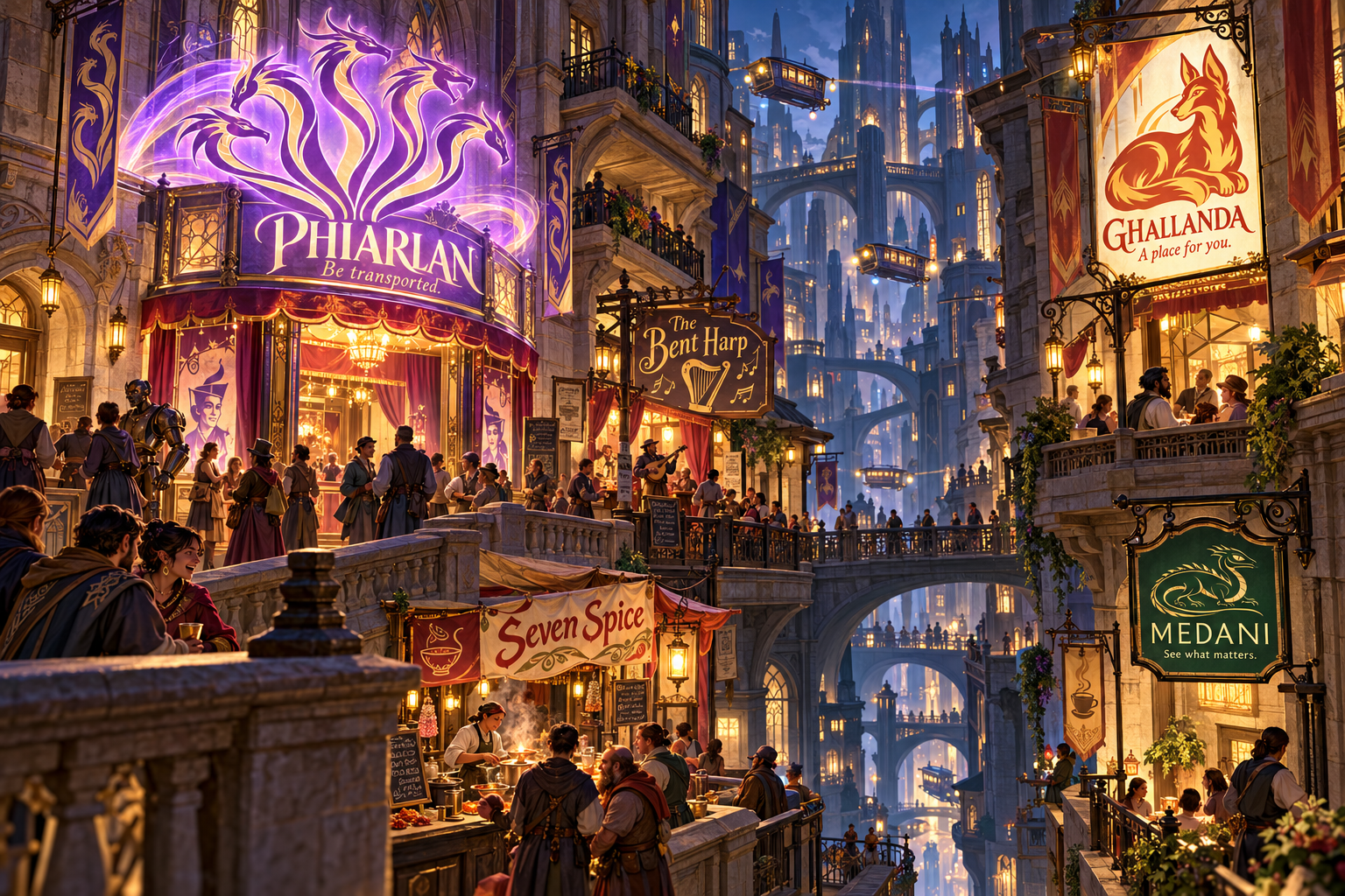 Lower Menthis after dark in 1250: theater illusions, food stalls, and crowded bridges.