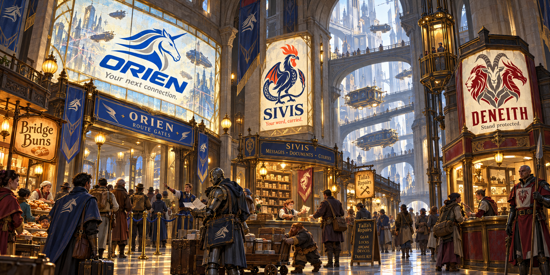 A lower Tavick's Landing concourse in 1250, with Orien routes, a Sivis counter, and neighborhood shops.