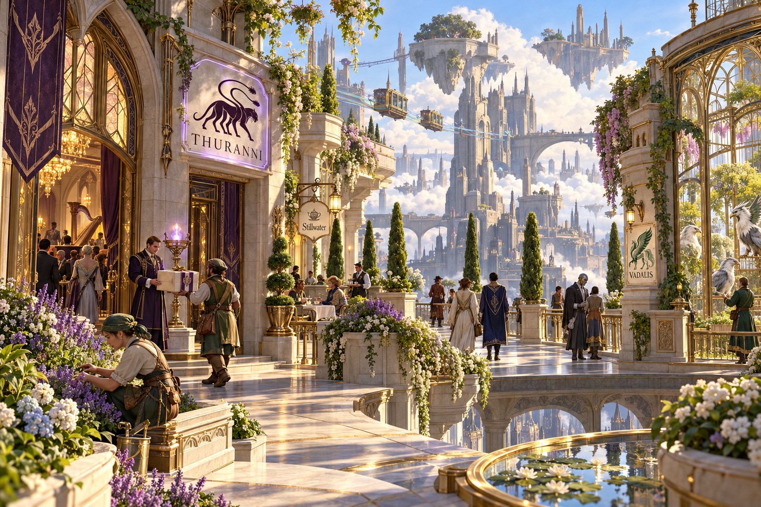 A Skyway garden promenade above Sharn in 1250, with discreet Thuranni and Vadalis branding.