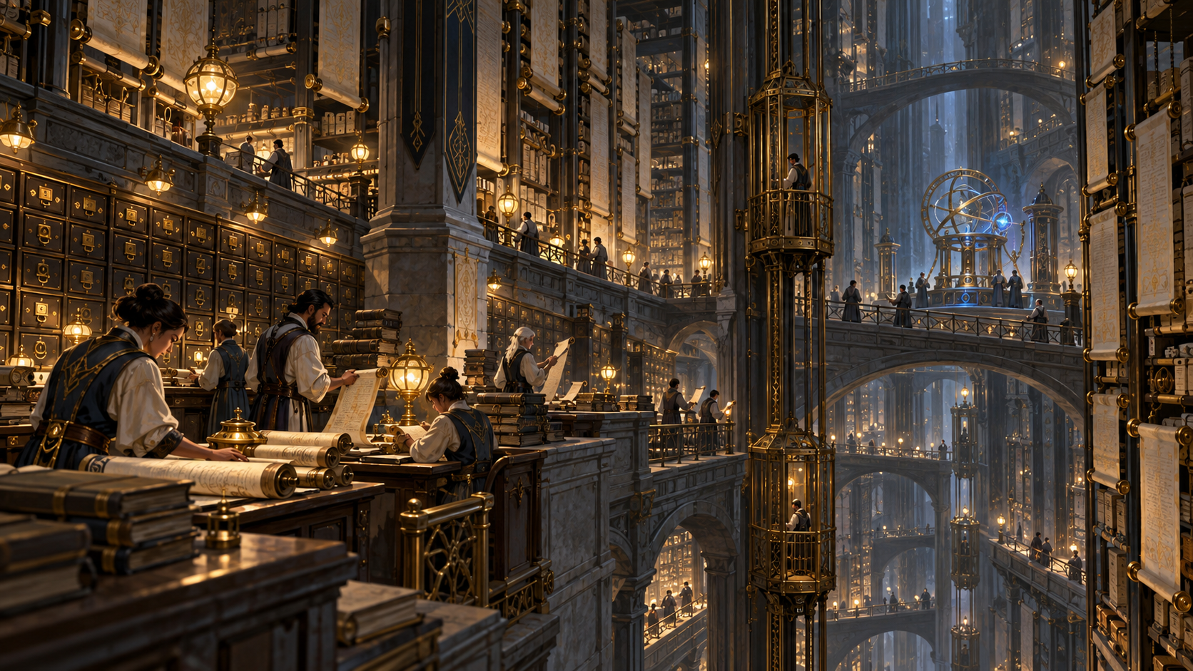 Clerks and visitors work among the galleries of an arcane archive.