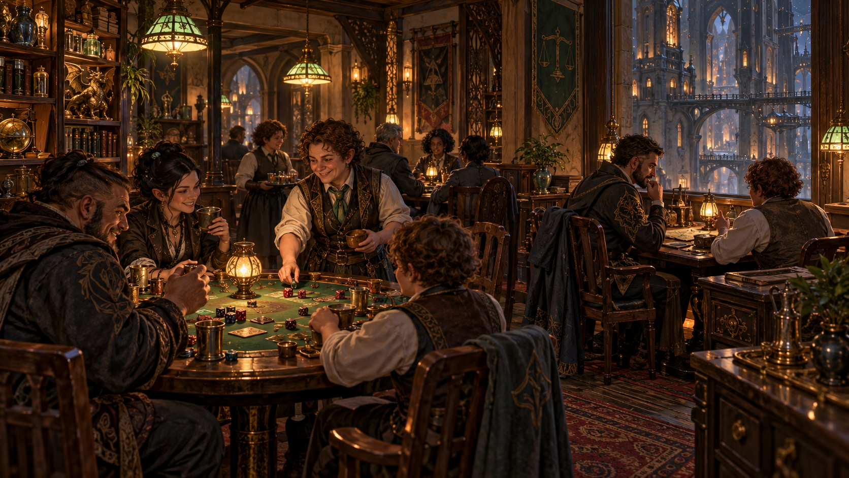 Gaming, hospitality, and quiet business share a room above a lower-ward restaurant.