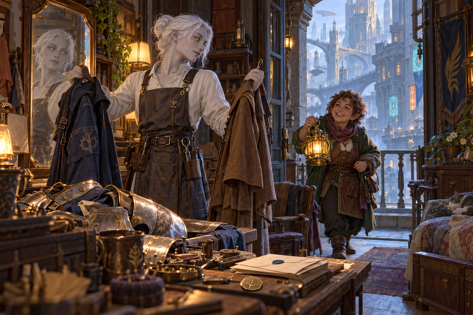 A changeling craftsperson chooses clothes for the day while a trusted neighbor brings work.
