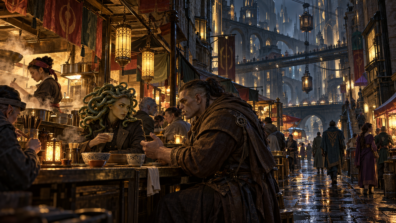 A medusa and a Droaamite contact talk over a meal beside the night market.