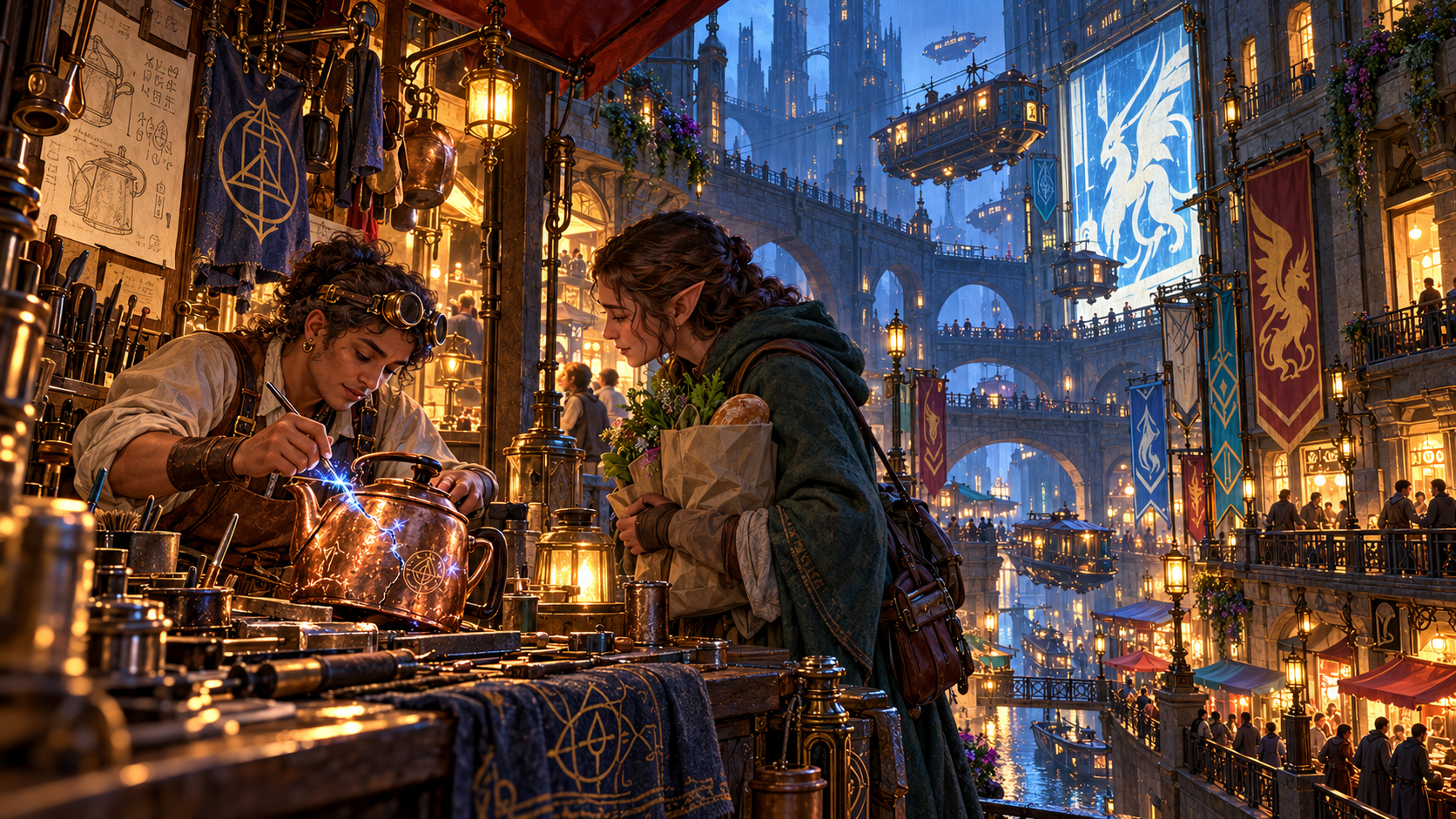 An independent magewright repairs an enchanted kettle while a customer waits.