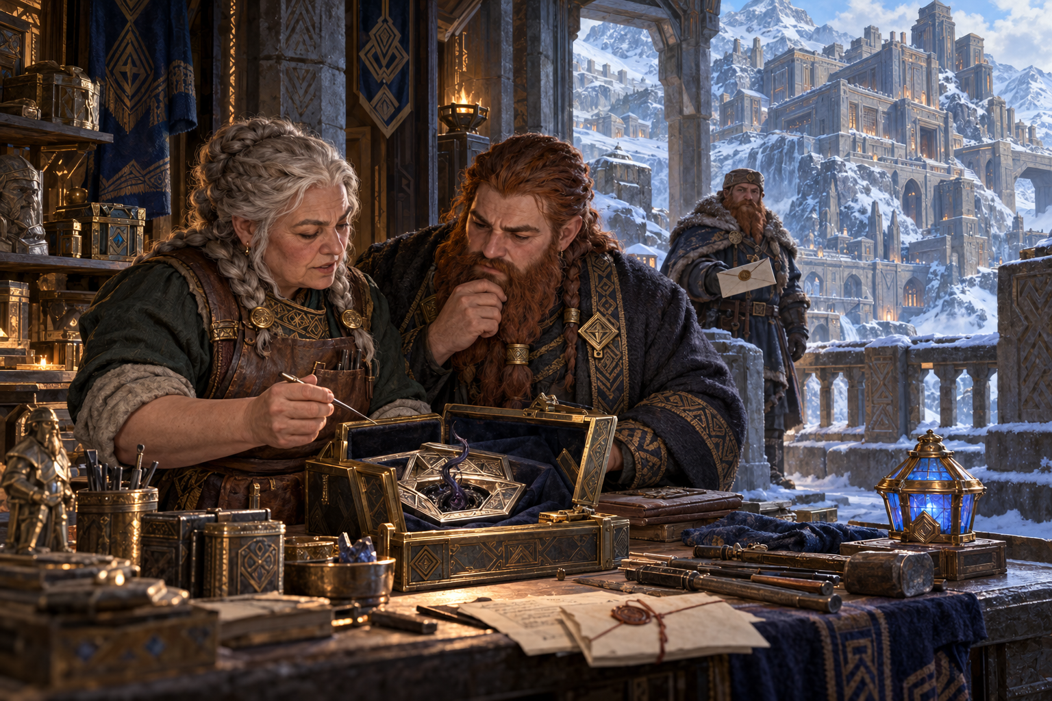 A dwarf restorer considers a carefully contained relic among objects carrying generations of memory.
