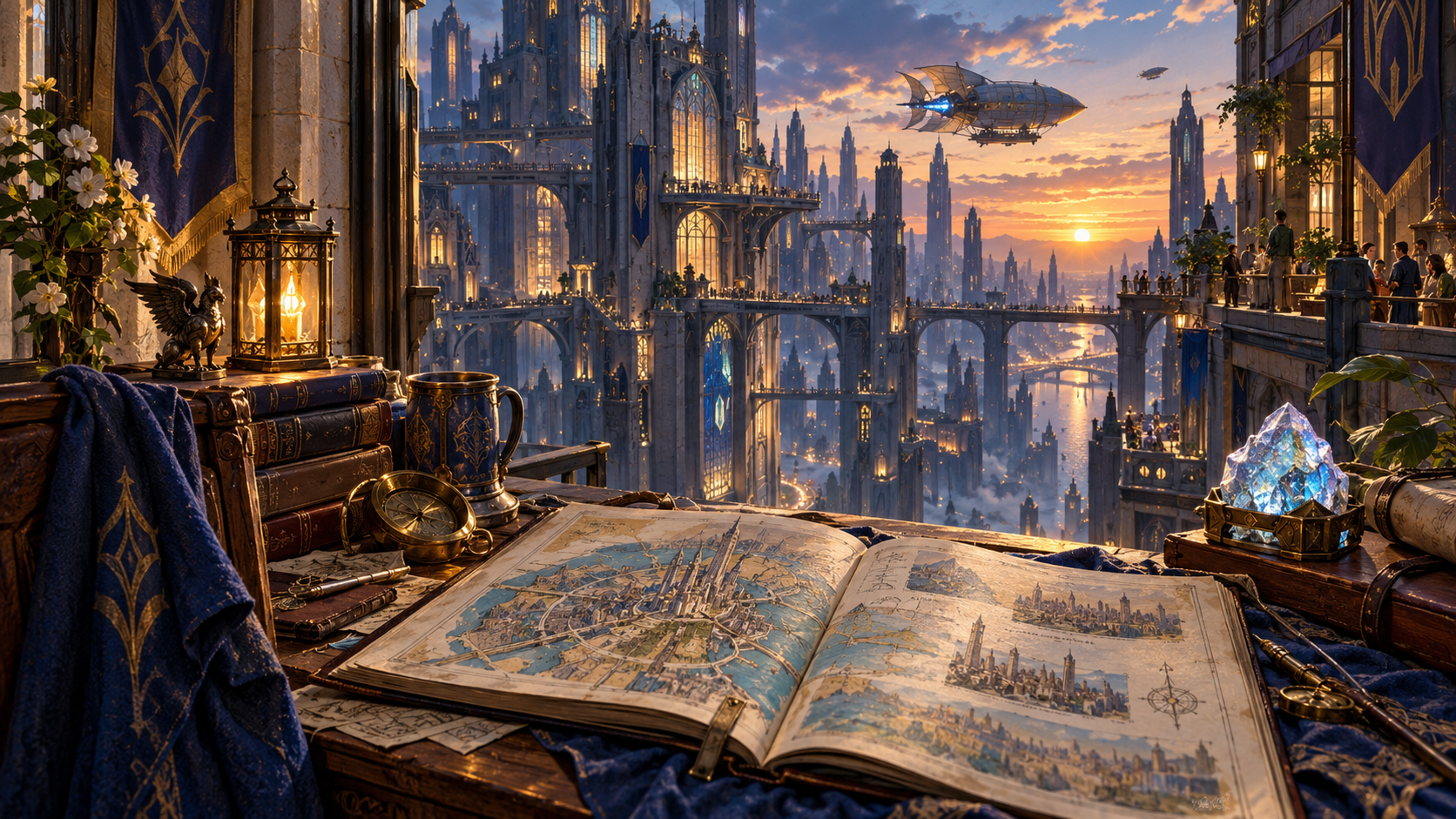 An atlas, a traveler's belongings, and a view toward the wider world from Sharn.