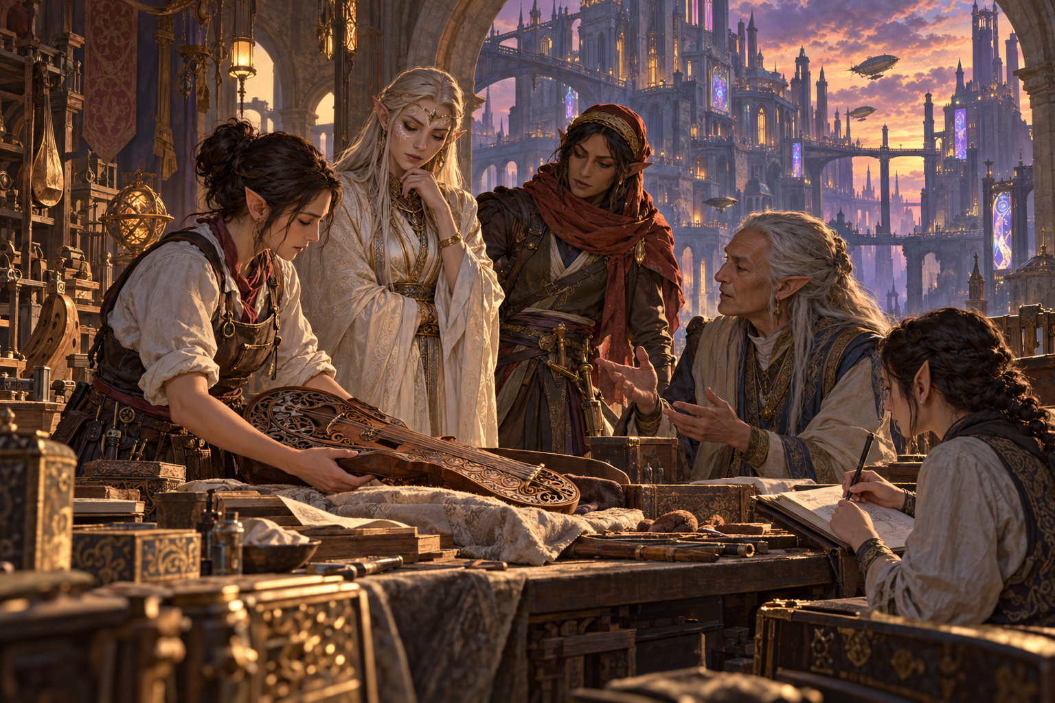 Elven visitors and Sharn residents study an old crafted object above a changing city.