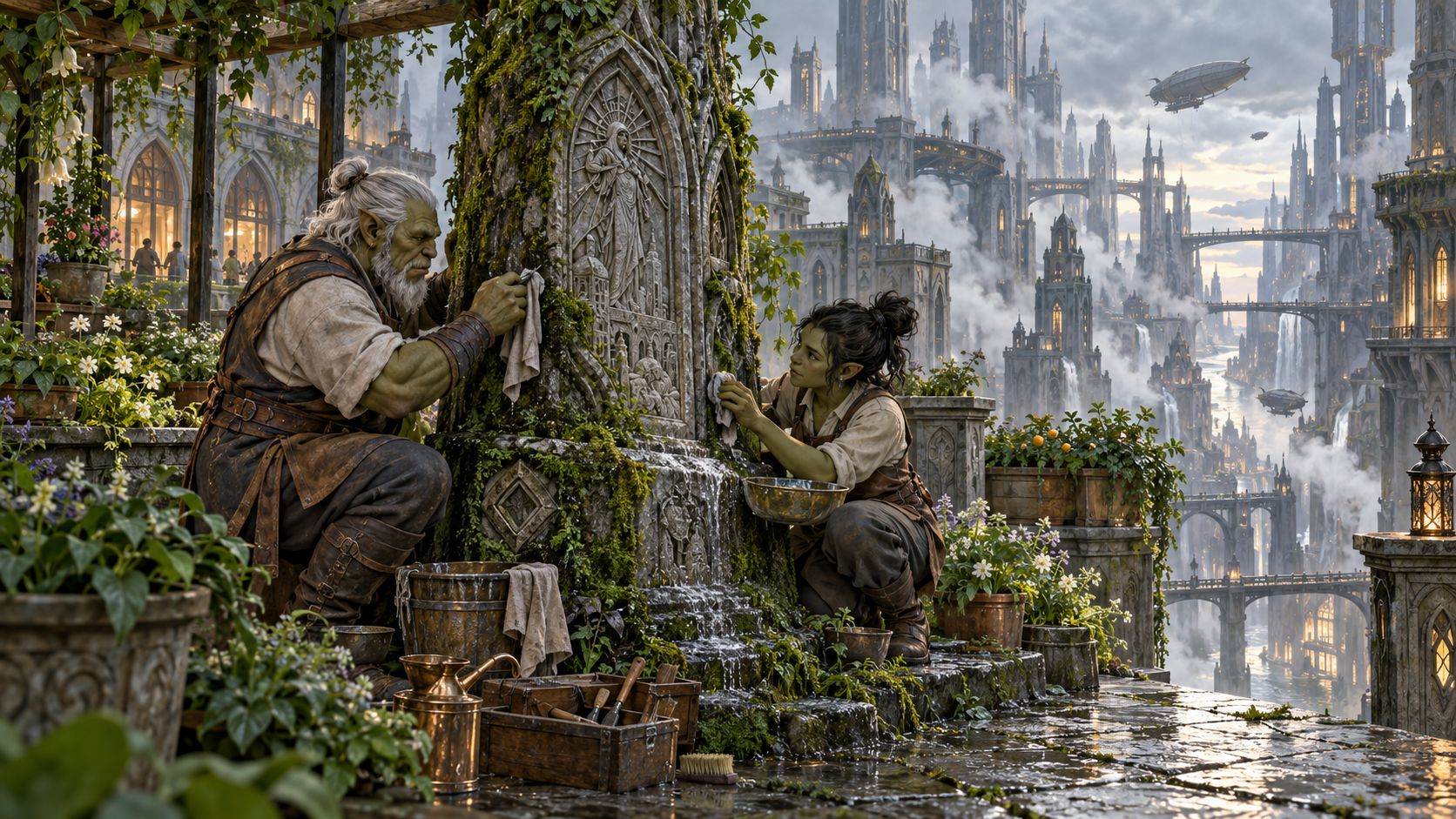 Two generations tend an old ward among the plants of a Sharn rooftop garden.