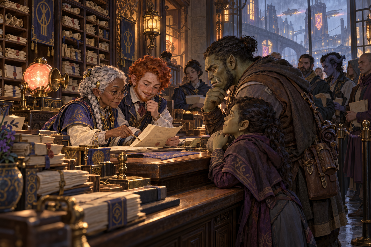 Gnome translators and craftspeople help neighbors navigate a busy message office.