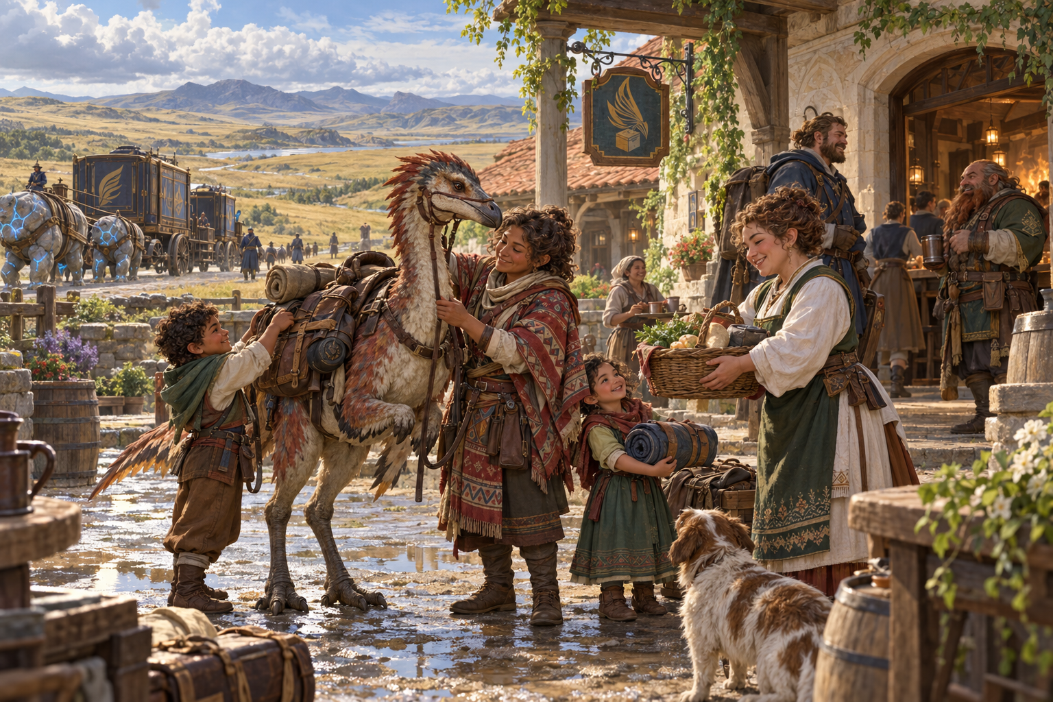 Talenta travelers and urban relatives share tea and supplies at a roadside inn.
