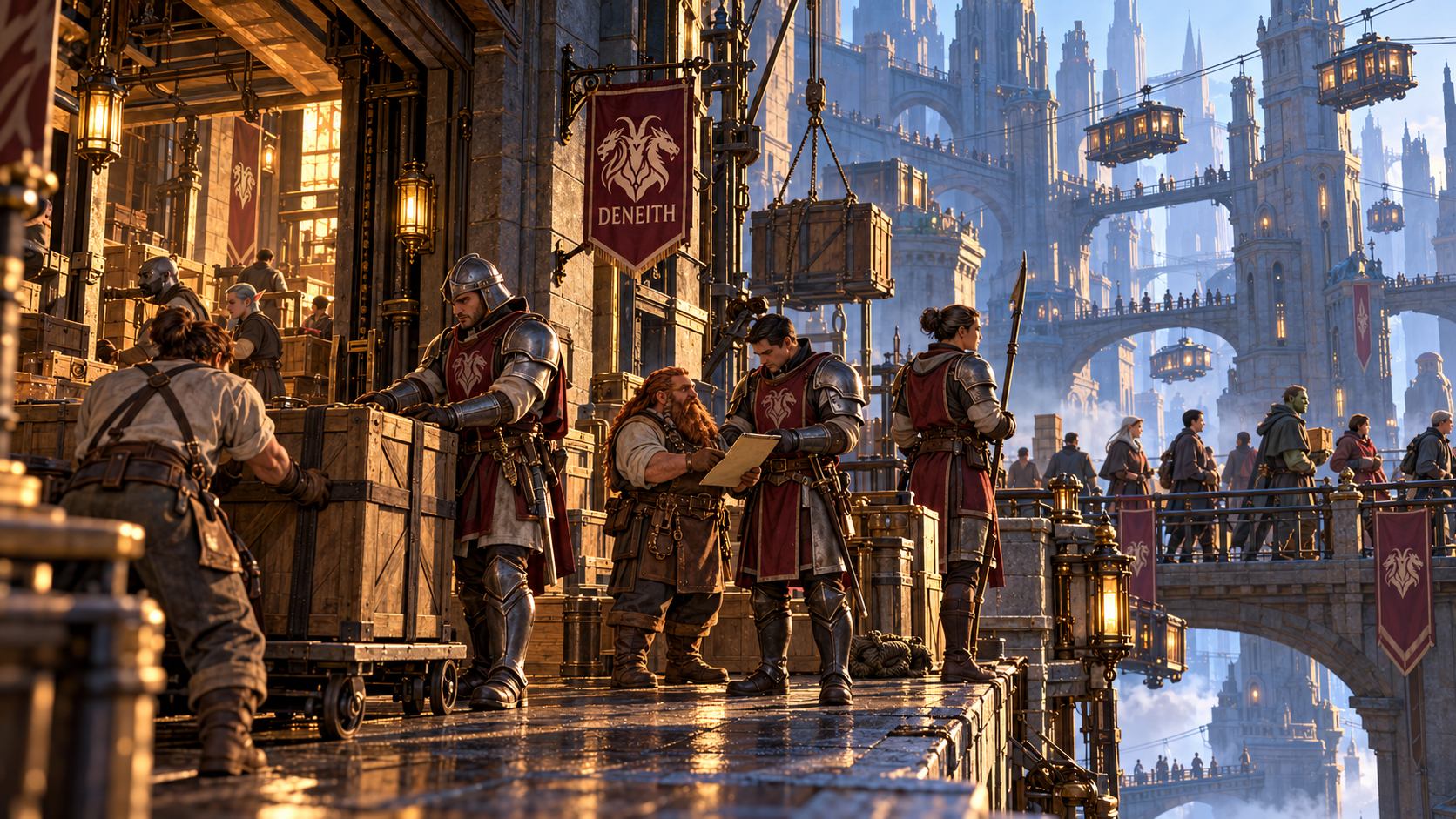 Deneith guards oversee a contracted loading entrance.