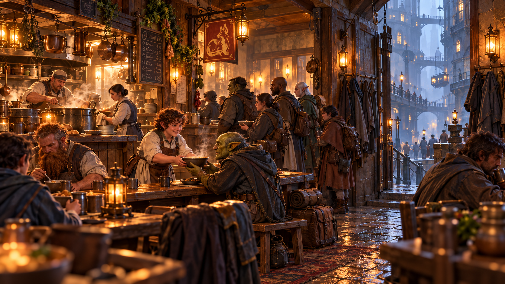 A familiar inn sign promises a meal and a place to rest.