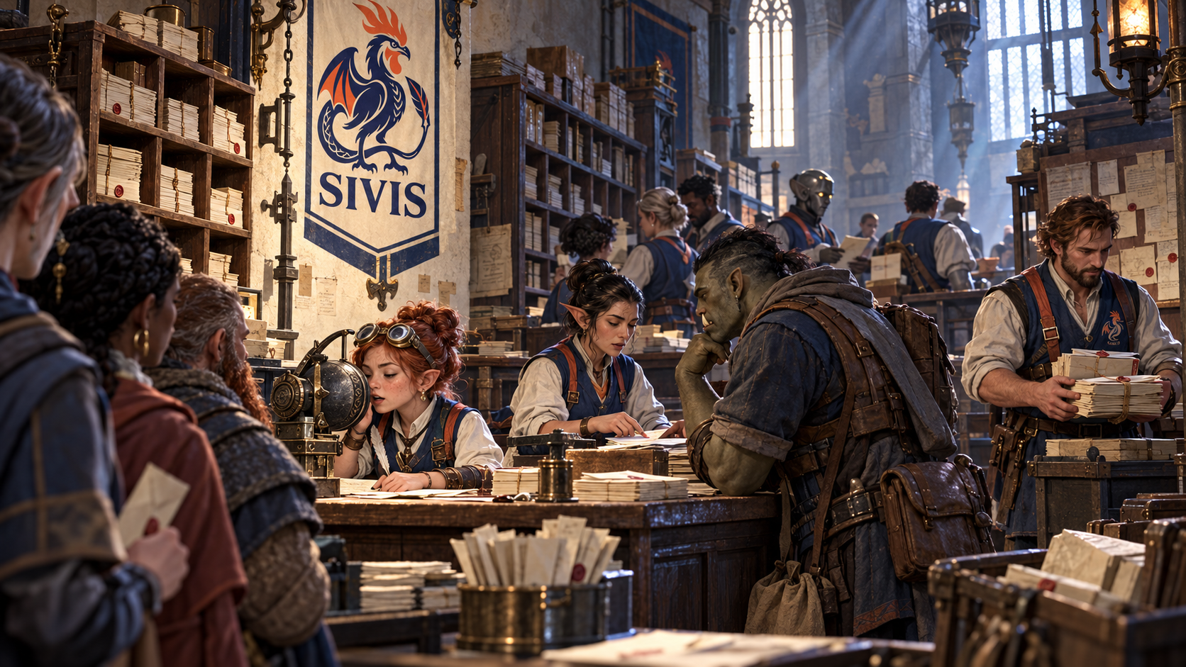 A staffed scroll room connects messages to their recipients.