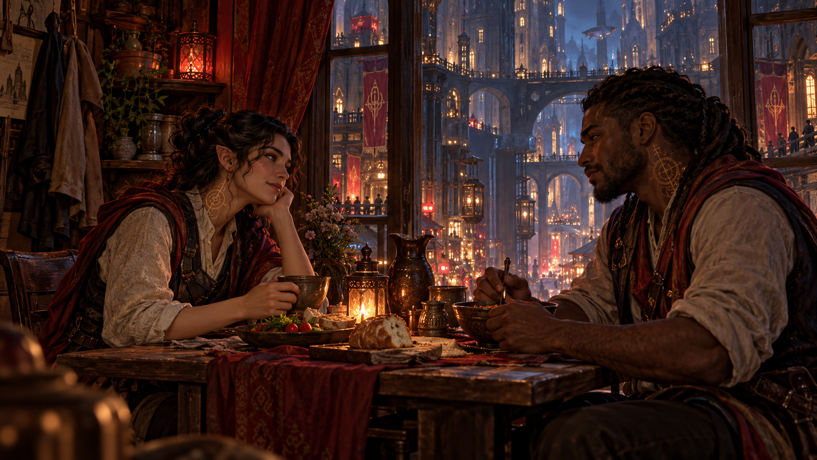 Two bearers of unfamiliar marks share a quiet meal above the busy lower streets.