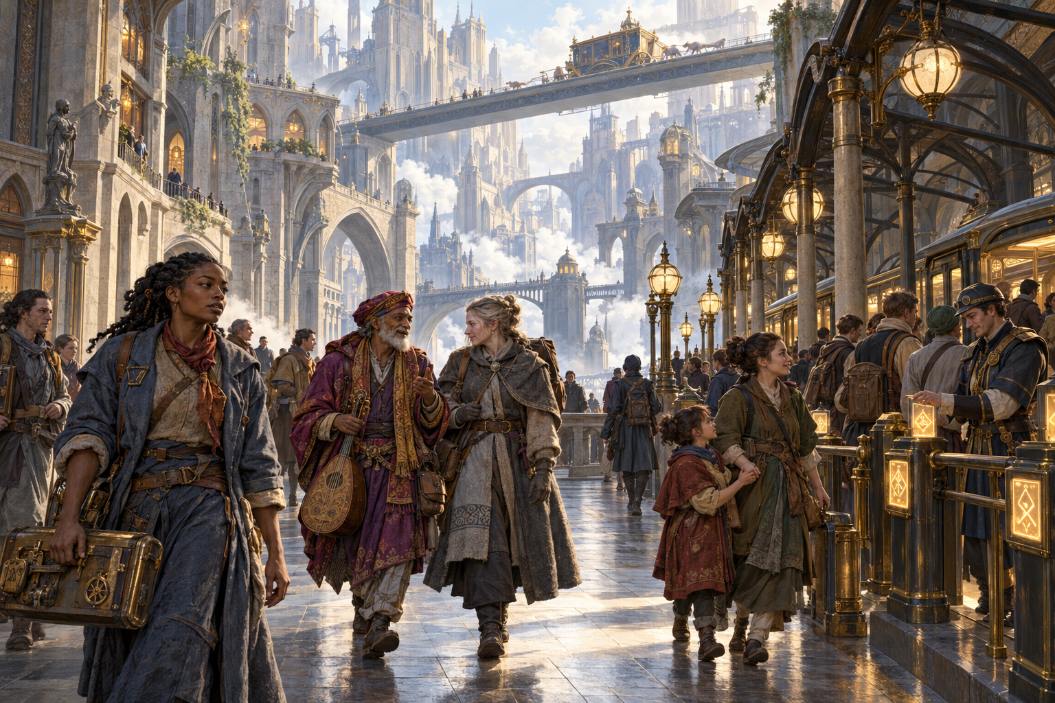 Human commuters, makers, and families cross a Sharn concourse beneath the city’s unequal tiers.