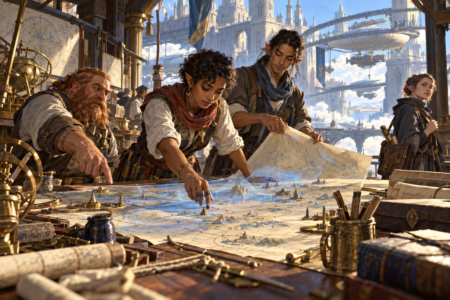 A Khoravar cartographer and coworkers plan routes above the airship docks.