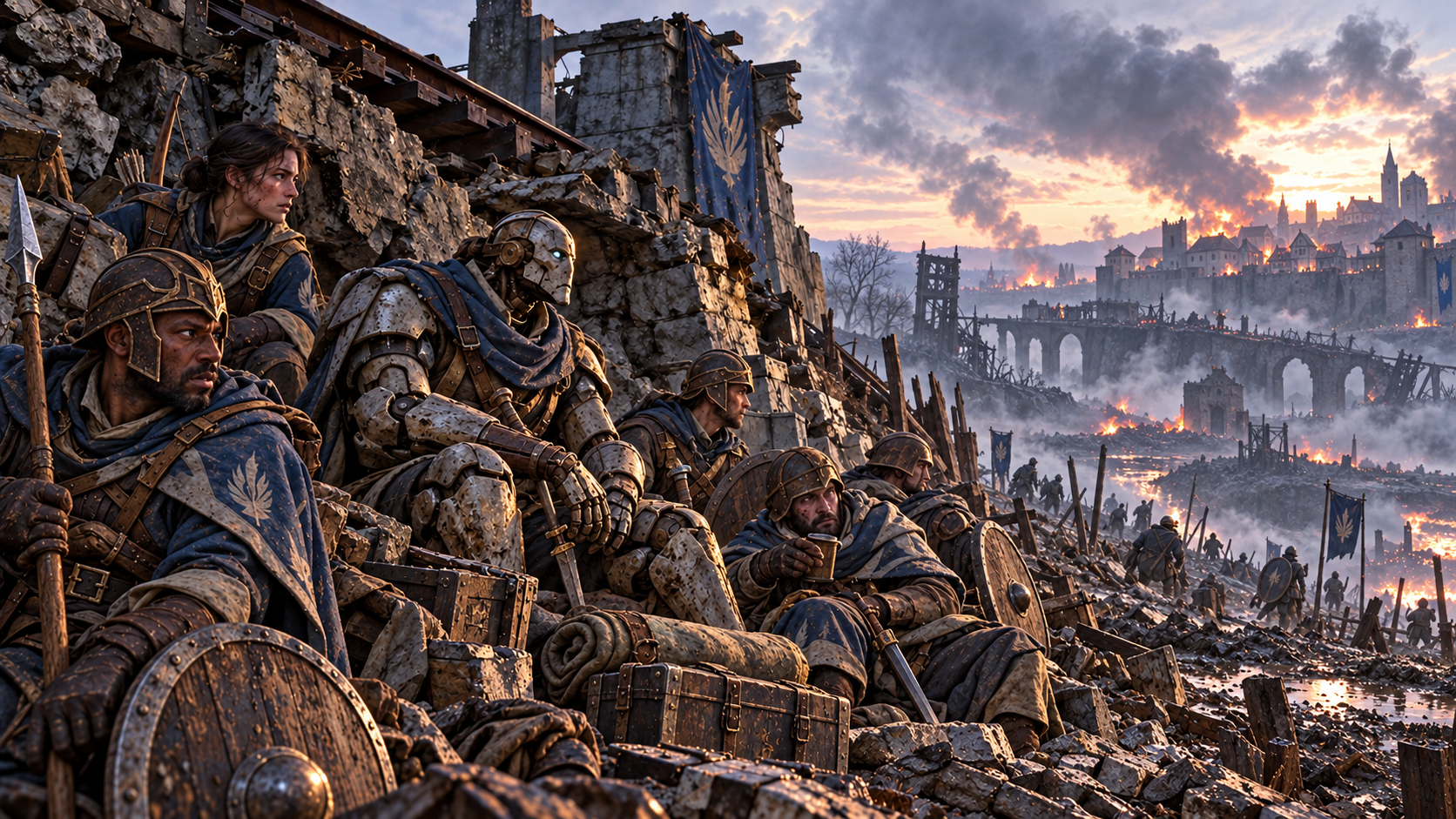 Soldiers and their warforged comrade shelter between battles during the Last War.