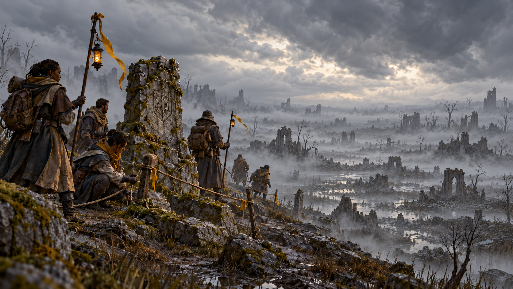 A salvage crew marks its return route before entering the dead-gray Mournland.