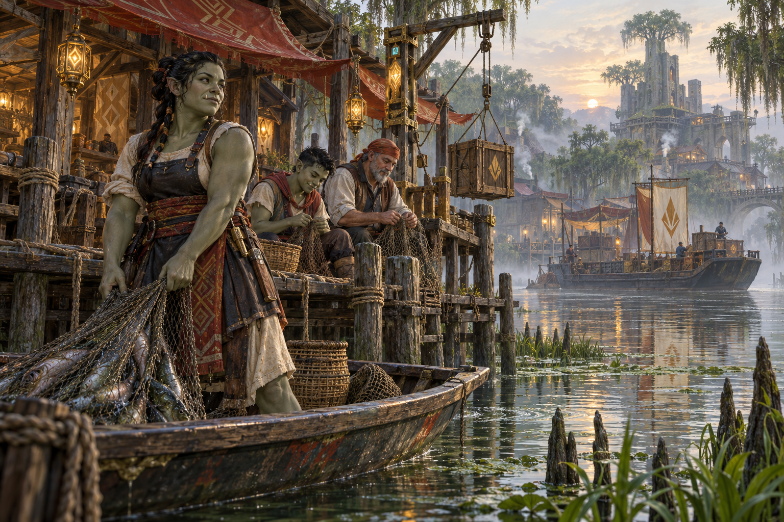 Marcher fishers mend nets beside a wetland landing reached by modern trade.