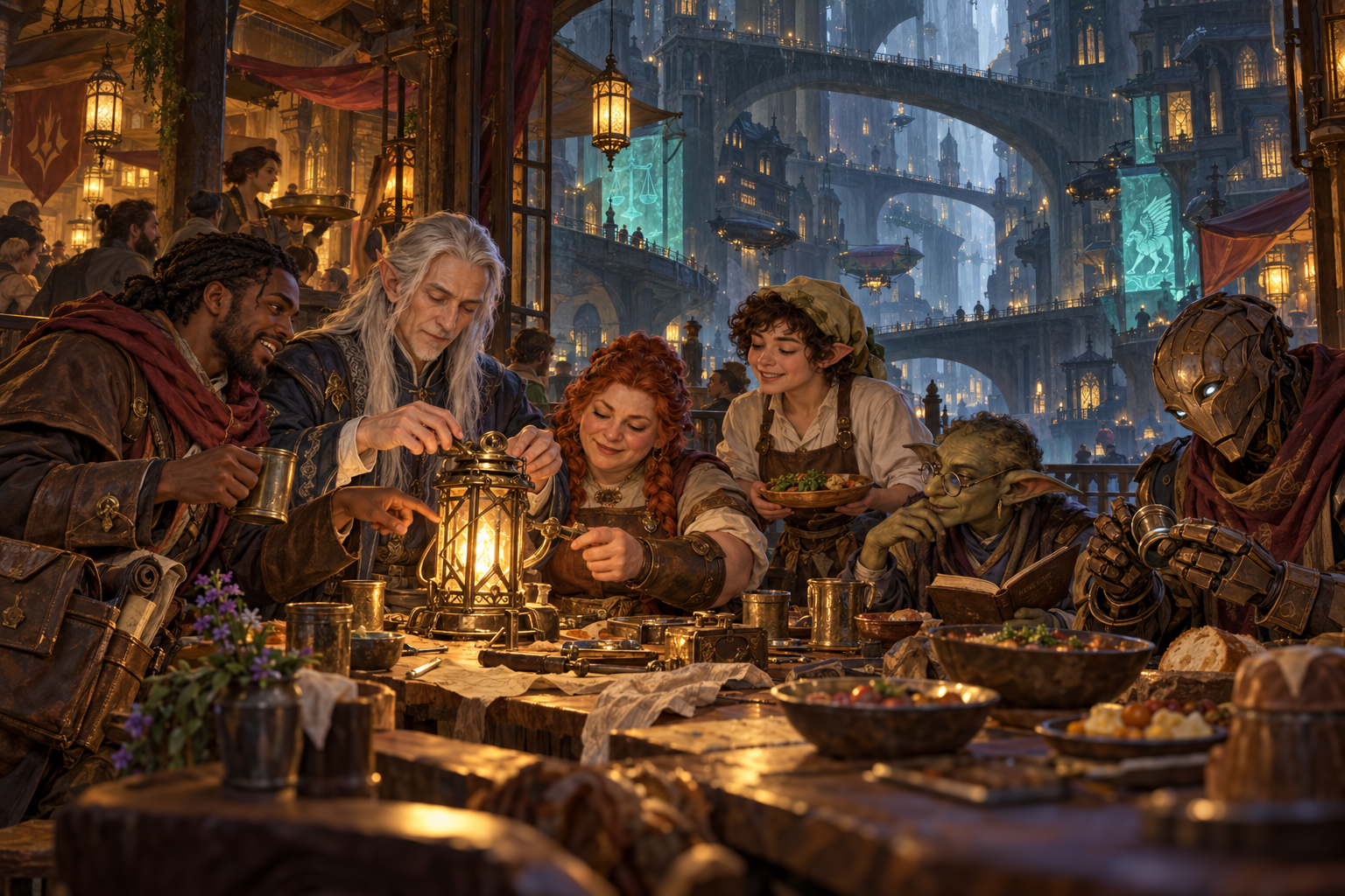 Neighbors of many peoples exchange food, tools, and stories at an independent tavern opening onto a rainlit Sharn bridge.