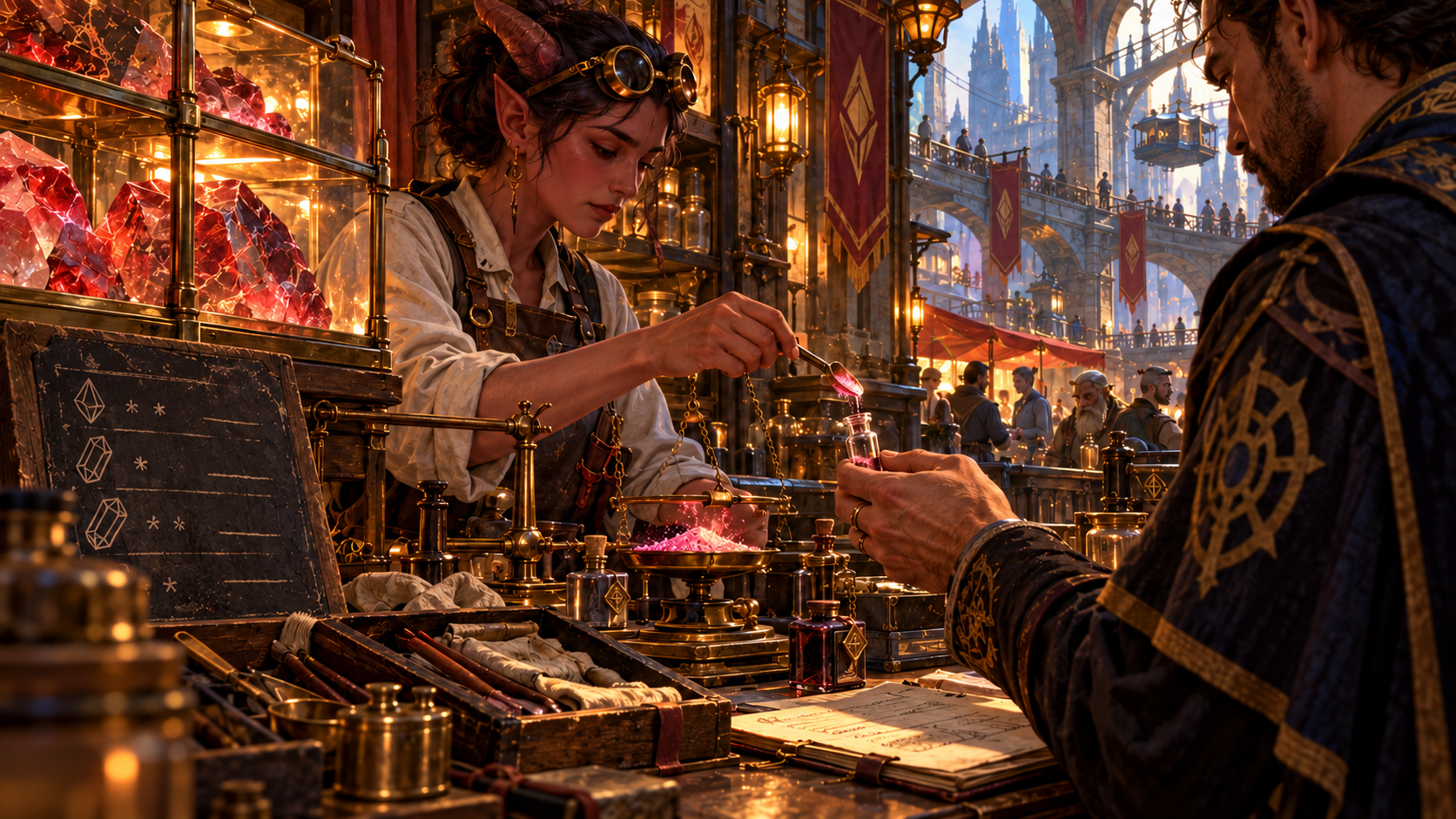 A merchant measures residuum at a lower-ward supply counter.