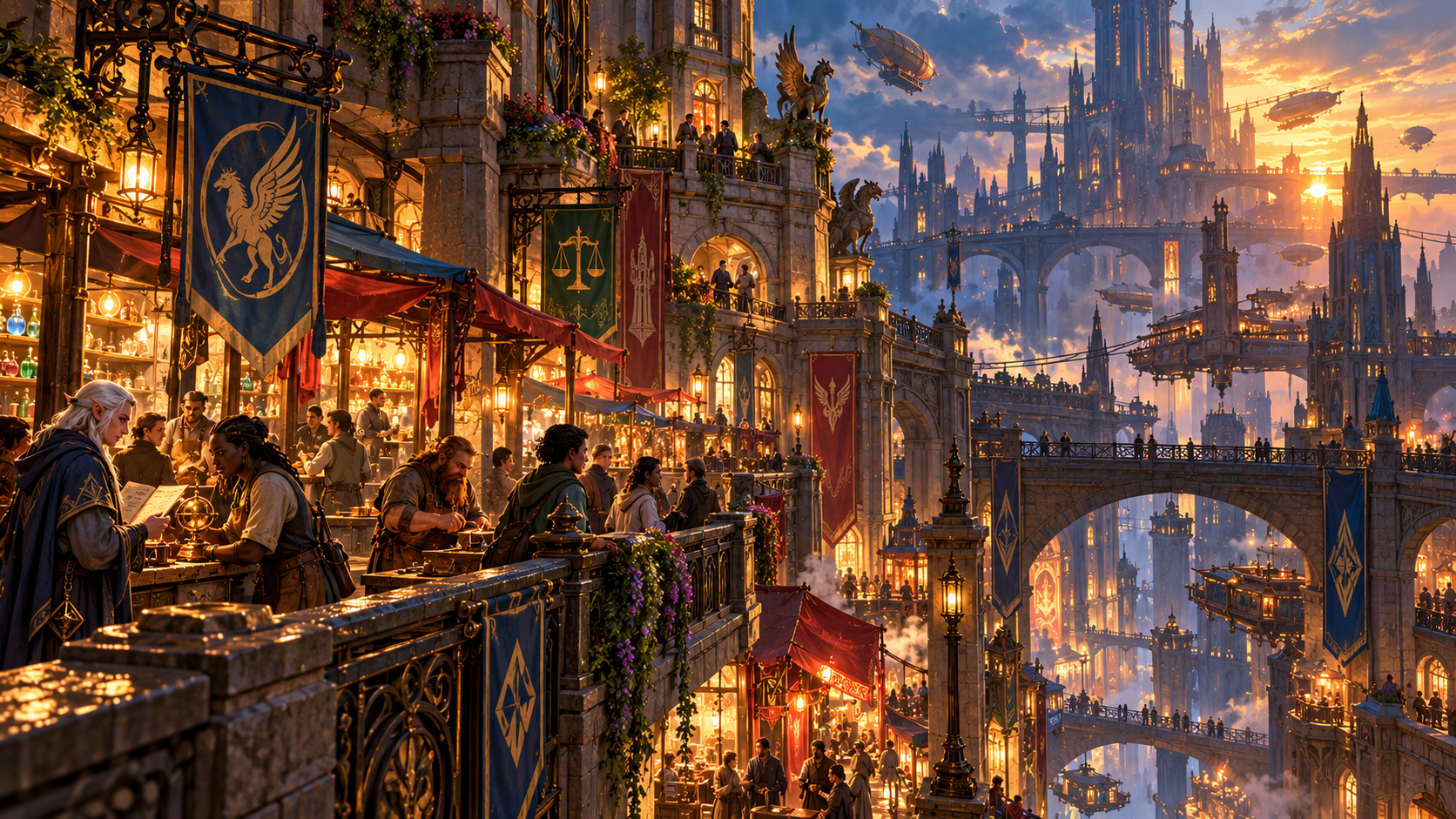 Sharn’s inhabited towers rise above working landings and deep streets.
